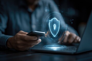 Person using laptop and phone, holographic security shield overlay