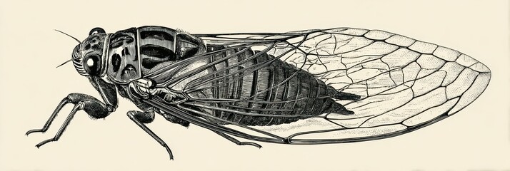 Cicada Illustration. Vintage Line Drawing of Cicada Septendecim from United States