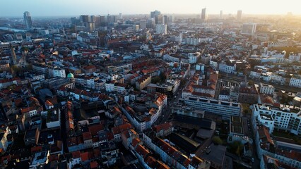 An aerial panorama view around the downtown of the City Brussels In Belgium on a cloudy spring morning