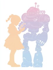 Fototapeta premium Robot and Child Share a Moment of Wonder in a Futuristic Garden Setting During a Sunny Day