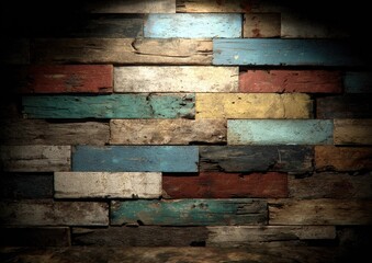 Multicolored reclaimed wood wall, spotlight