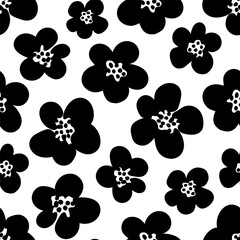 Simple floral vector seamless pattern. Large black flowers on a white background. For printing on fabric, textile, product packaging.