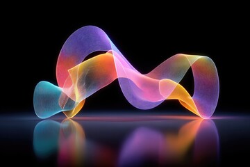 Colorful, translucent ribbon forms a flowing, wavy abstract shape, reflecting on a dark surface