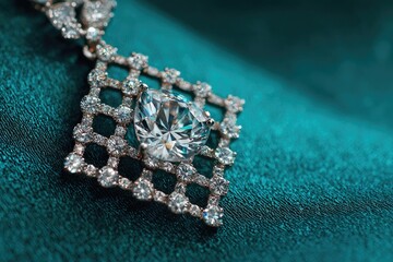 Close-up of a diamond pendant resting on teal fabric