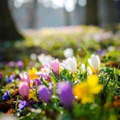 A vibrant display of spring flowers in a meadow bathed in sunlight, showcasing a beautiful mix of colors and textures.