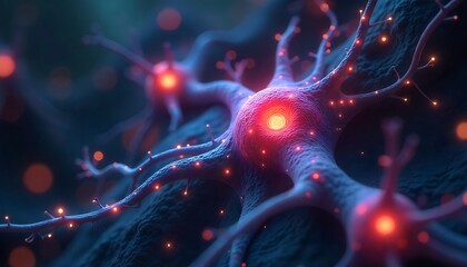 Intricate neuron network with glowing nodes representing biological processes, science concept
