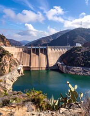 A large concrete dam with a reservoir reflecting a clear blue sky and surrounding mountains.