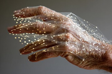 An aged hand interacts with a luminous, web-like structure