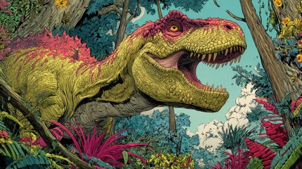 Colorful cartoon dinosaur in vibrant comic style illustration with playful prehistoric character design, dynamic pop art scene, and fun fantasy artwork perfect for kids, digital backgrounds, and creat