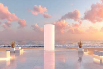 Minimalist beach scene with glowing cylinder