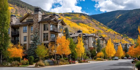 Colorado Residential. Avon Autumn Scene with Gold Aspen Trees on Mountainside