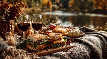 Autumnal Feast by the Water: A autumnal picnic spread awaits, complete with glasses of red wine, a delightful assortment of gourmet sandwiches, cheese, and fresh produce. Generative Ai