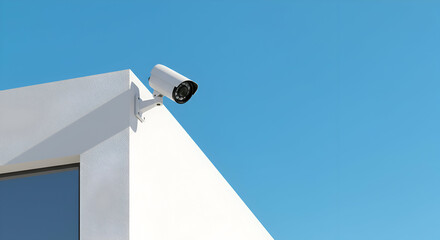 White security camera mounted on a corner of a light-colored building against a clear blue sky. Modern surveillance equipment on a property with clear blue sky backdrop.