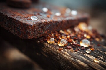 Close-up of water droplets on rusted metal and amber-colored resin on weathered wood