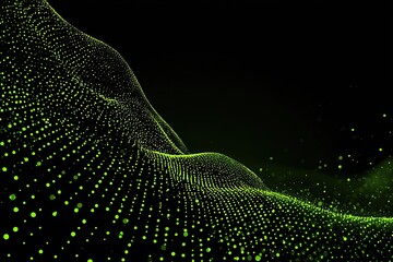 Abstract wavy surface of glowing green dots on black background
