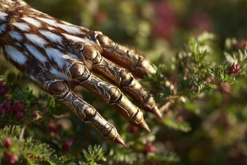 A stylized, metallic hand with fur-like accents gently touches vibrant green foliage