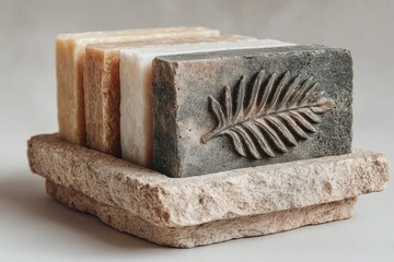 Four artisan soap bars rest on a textured stone holder
