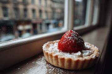 Strawberry tart on windowsill, city view