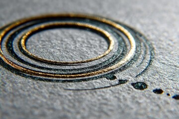 Close-up of concentric circles, gold and dark-teal ink on textured paper