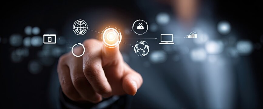 Close-up of a hand interacting with a futuristic interface showing various interconnected icons, suggesting global business, finance, or technology