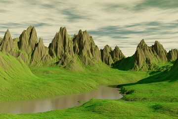 Serene valley with a tranquil lake nestled amongst verdant hills and a dramatic mountain range under a cloudy sky