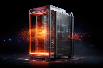 Futuristic server rack glows with internal fire