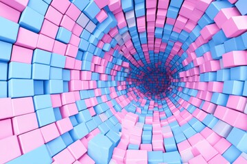 Abstract swirling tunnel of pink and blue cubes