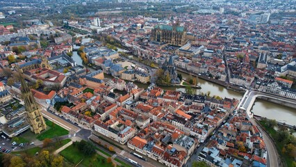 An aerial panorama view around the old town and cathedral of the City Metz In France on a cloudy spring noon