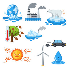 Illustrations depicting the effects of global warming and pollution on the environment.