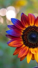 A vibrant sunflower, displaying a gradient of rich colors, stands out against a soft, out-of-focus background.
