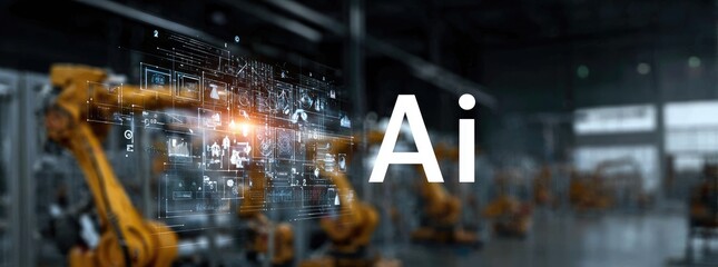 Automated industrial robots overlaid with data projections, highlighting AI applications in a factory setting