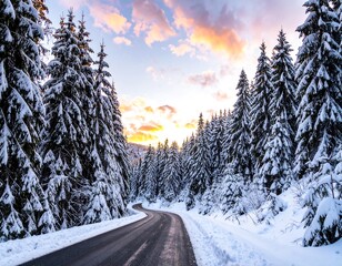 A winding road through a snowy forest at sunset, showcasing the beauty of winter.