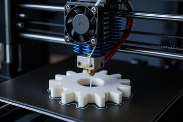 3D printer head extruding thermoplastic to build gear prototype for engineering education and innovation using additive manufacturing with focused