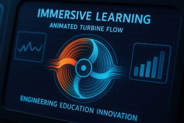 Immersive learning concept with animated turbine flow illustrating engineering education innovation and modern training for students