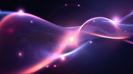Futuristic digital abstract scene with flowing wavy lines, glowing purple and pink particles, high-tech network texture,