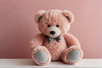 Fototapeta premium Adorable Pink Teddy Bear with Grey Bow Tie on Pink Background stuffed animal plush toy