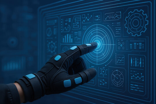 Engineering education innovation inspire hands touchscreen interface with sensor glove controlling data visualization and learning tools - Powered by Adobe