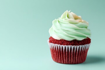 8.	A frosted red velvet cupcake with pastel icing on a pastel mint green background 