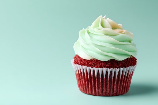 8. A frosted red velvet cupcake with pastel icing on a pastel mint green background