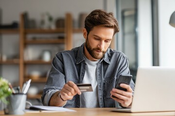 Man using credit card and phone for online shopping at home