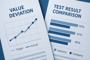 Fototapeta premium Test result comparison chart with industry and company data, value deviation graph, business analysis, professional report, blue color scheme