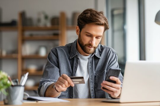 Man using credit card and phone for online shopping at home - Powered by Adobe