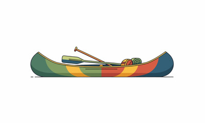 Colorful Striped Canoe with Oar and Gear, Ready for Adventure.