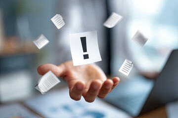 Hand holding floating exclamation point and documents
