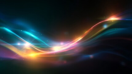 Abstract digital artwork with majestic flowing waves of bright colored lights against black backdrop,