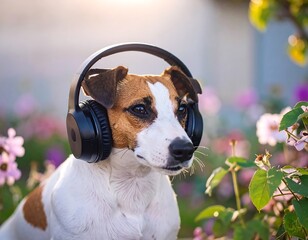 A charming Jack Russell terrier, wearing stylish headphones, enjoys a tranquil moment amidst colorful blossoms in a sunny garden setting.