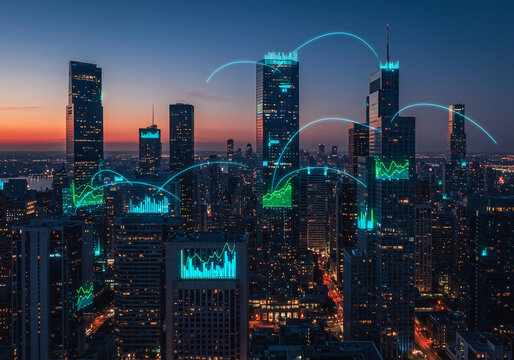 Cityscape at dusk with digital overlays showing financial data and connected networks between skyscrapers. - Powered by Adobe