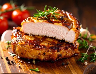 A close-up view of grilled pork tenderloin slices, showcasing the tender, cooked meat with a flavorful crust, resting on a wooden cutting board.