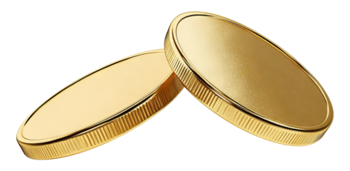 Two shiny gold coins, isolated on transparent cutout background
