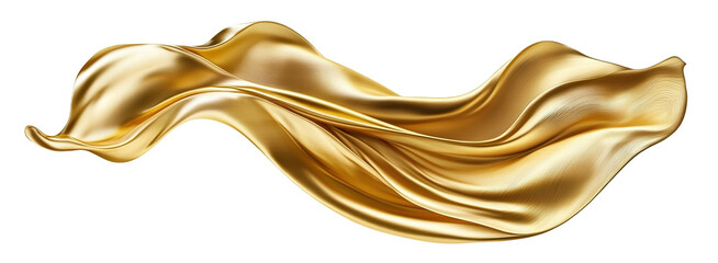 Shiny golden fabric waving in the air, isolated on transparent cutout background
